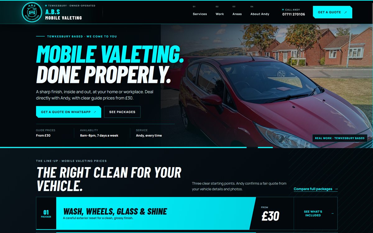 Screenshot of the A.B.S Mobile Valeting website, with turquoise accents and a prominent mobile-valeting headline