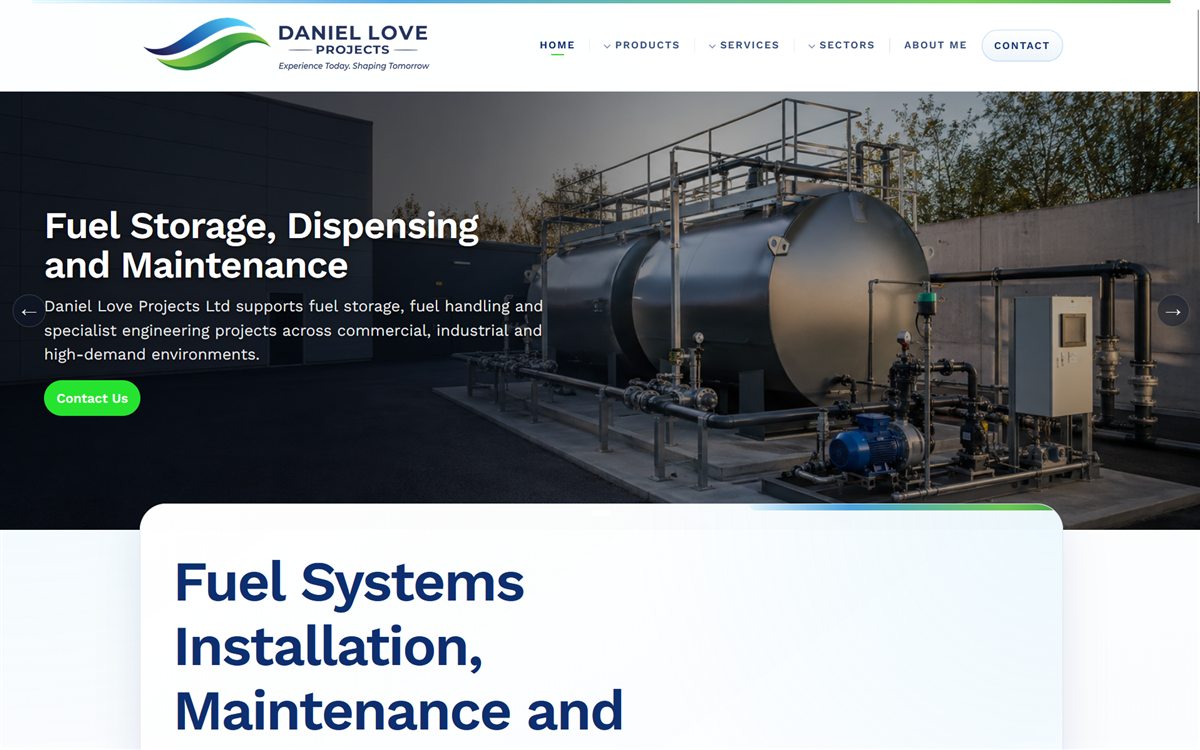 Screenshot of the Daniel Love Projects website, featuring an industrial fuel storage installation
