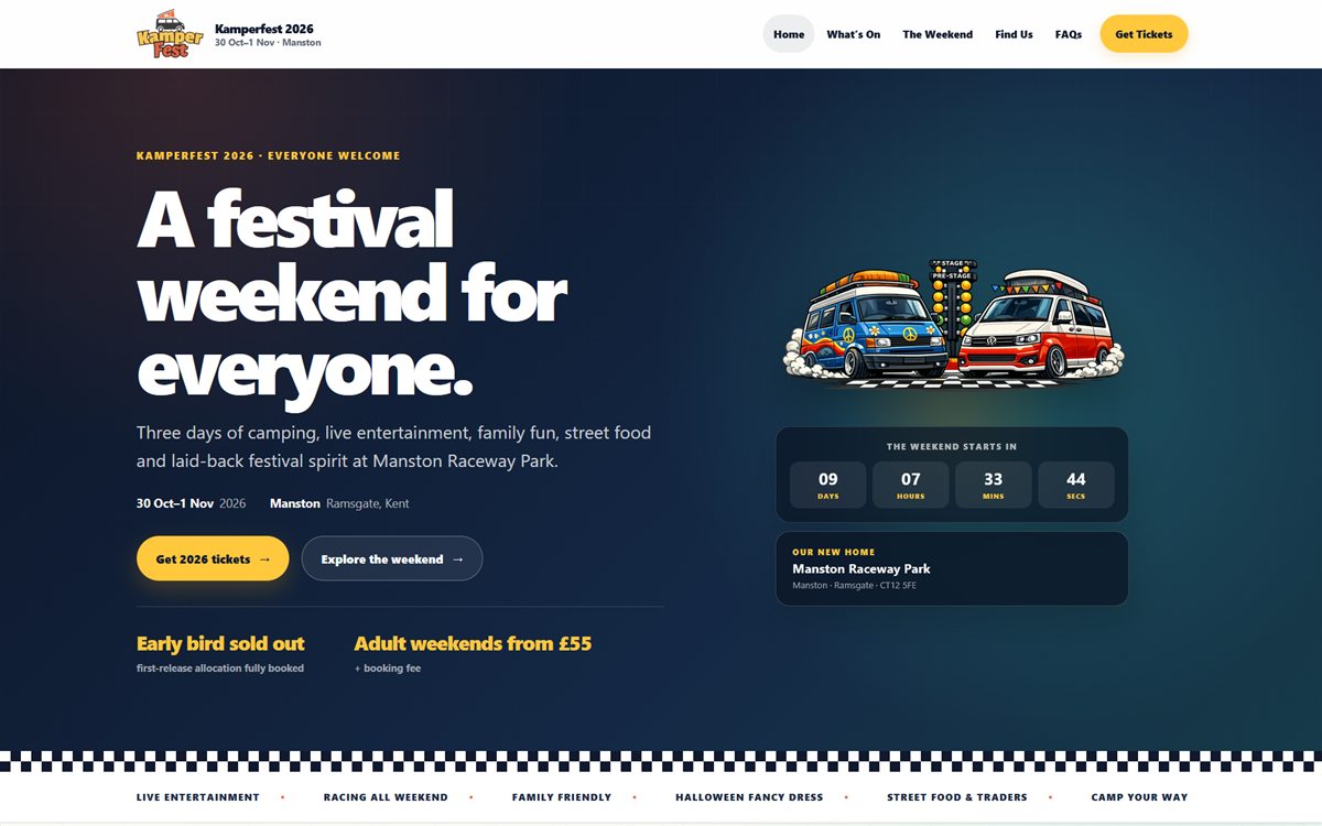 Screenshot of the Kamperfest festival website, with its 2026 event details and campervan artwork