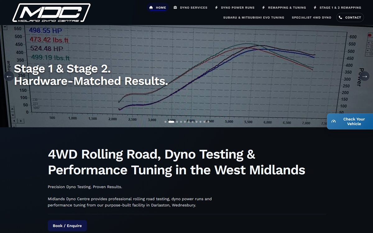 Screenshot of the Midlands Dyno Centre website, showing its performance-focused design and dyno results
